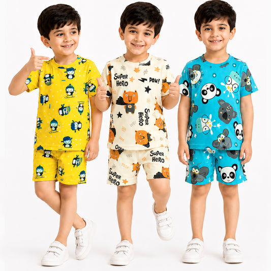 Kuchipoo Boys Cotton T-Shirt & Shorts | Printed Summer Wear Set | Soft & Comfortable Kids Clothing | Pack of 3
