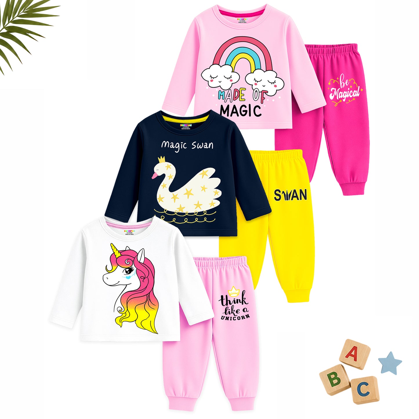 Kuchipoo Girls Regular Fit Cotton T-Shirts and Pyjamas Clothing Set-Pack of 3