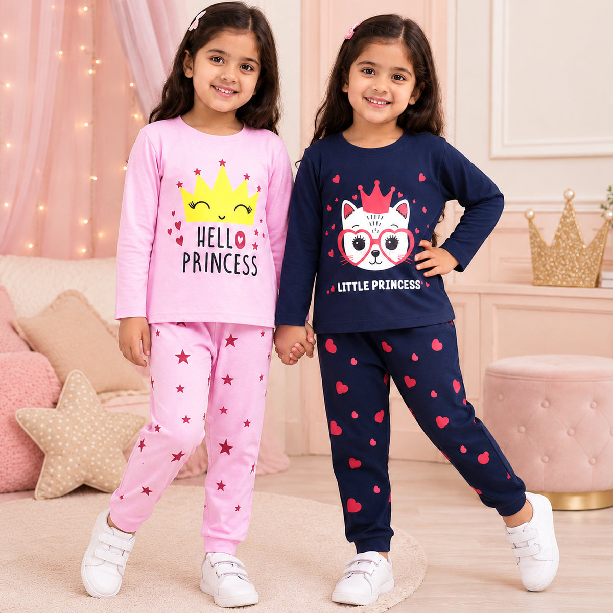 Kuchipoo Girls Regular Fit Cotton T-Shirts and Pyjamas Clothing Set-Pack of 2