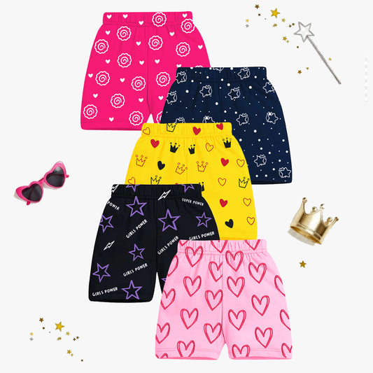Kuchipoo Girls Cotton Printed Shorts | Elastic Waist | Summer Wear Shorts for Kids | Pack of 5