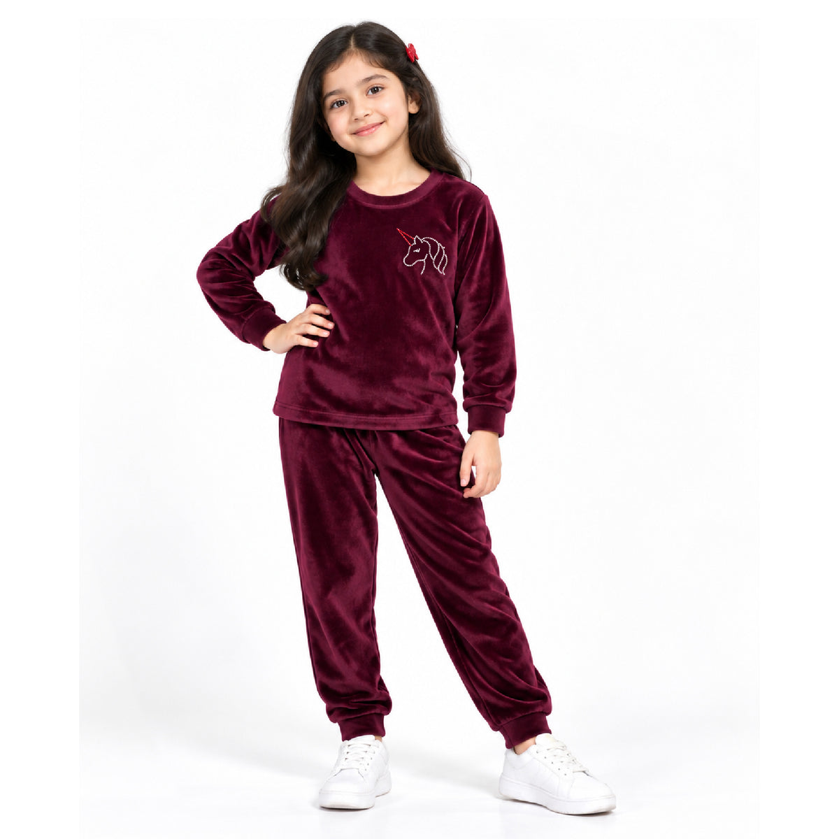 Kuchipoo Girls Velvet Night Suit Set | Full Sleeve Winter Pajama Set with Cute Unicorn Design| Warm & Soft Winterwear for Girls