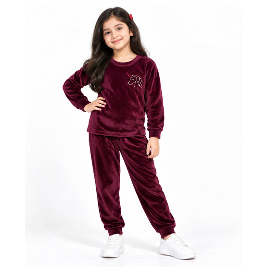 Kuchipoo Girls Velvet Night Suit Set | Full Sleeve Winter Pajama Set with Cute Unicorn Design| Warm & Soft Winterwear for Girls