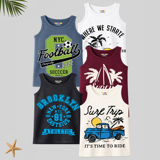 Kuchipoo Boys Sleeveless Cotton T-Shirt | Cute Graphic Print | Soft & Breathable Fabric | Round Neck Summer Top | Casual for Kids | Pack of 5