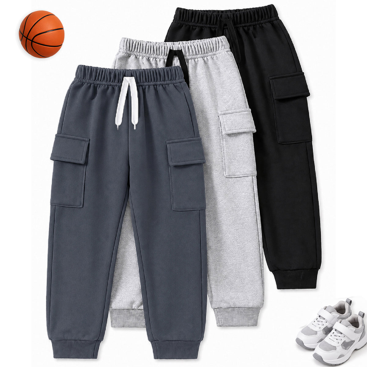 Kuchipoo Boys 4 Pocket Cargo Jogger Pants | Regular Fit Track Pants with Utility Pockets | Soft & Comfortable Casual Wear | Pack of 3