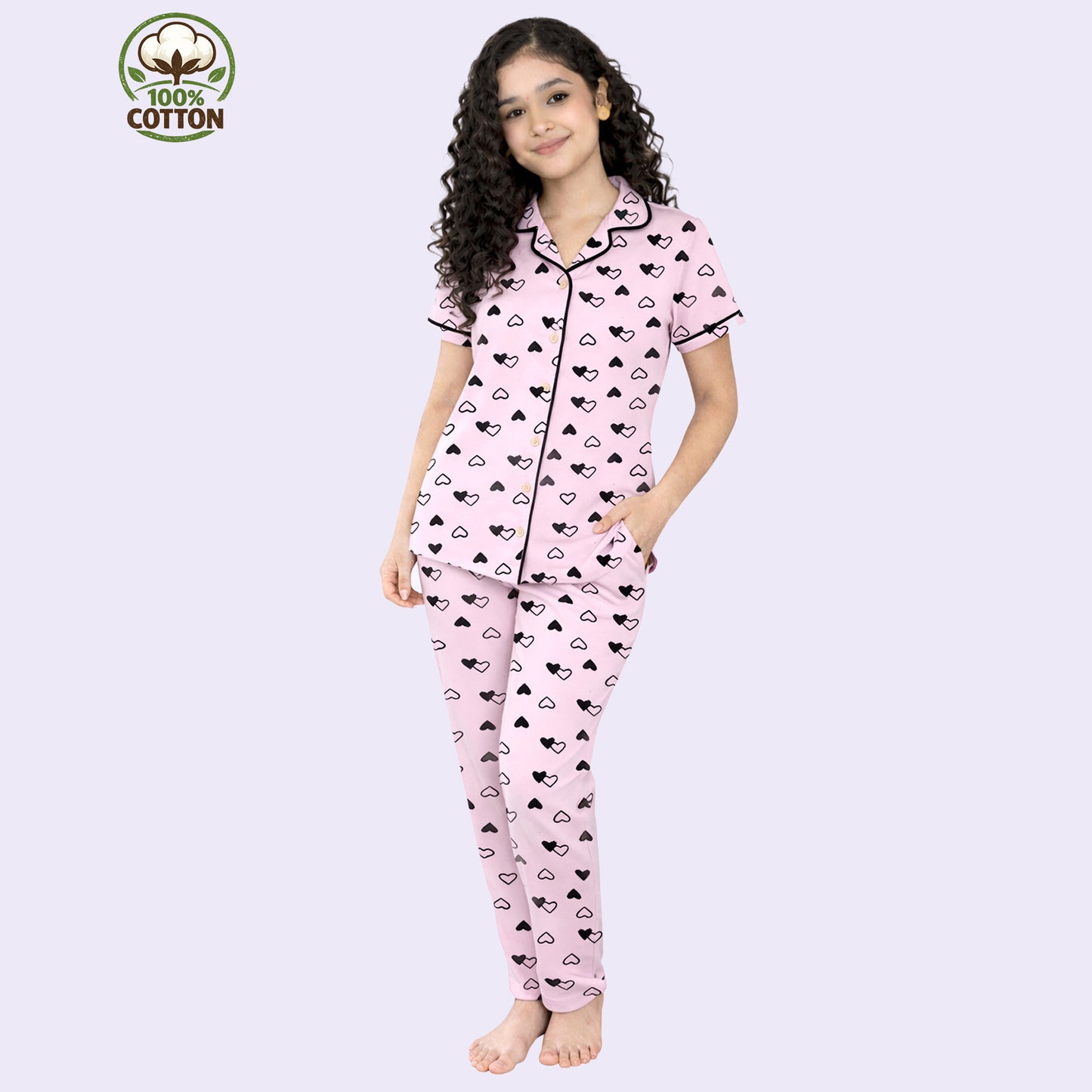 Kuchipoo Girls 100% Cotton Night Suit Set | Soft & Breathable Printed Pyjama Set | Half Sleeve Button Down Sleepwear for Girls