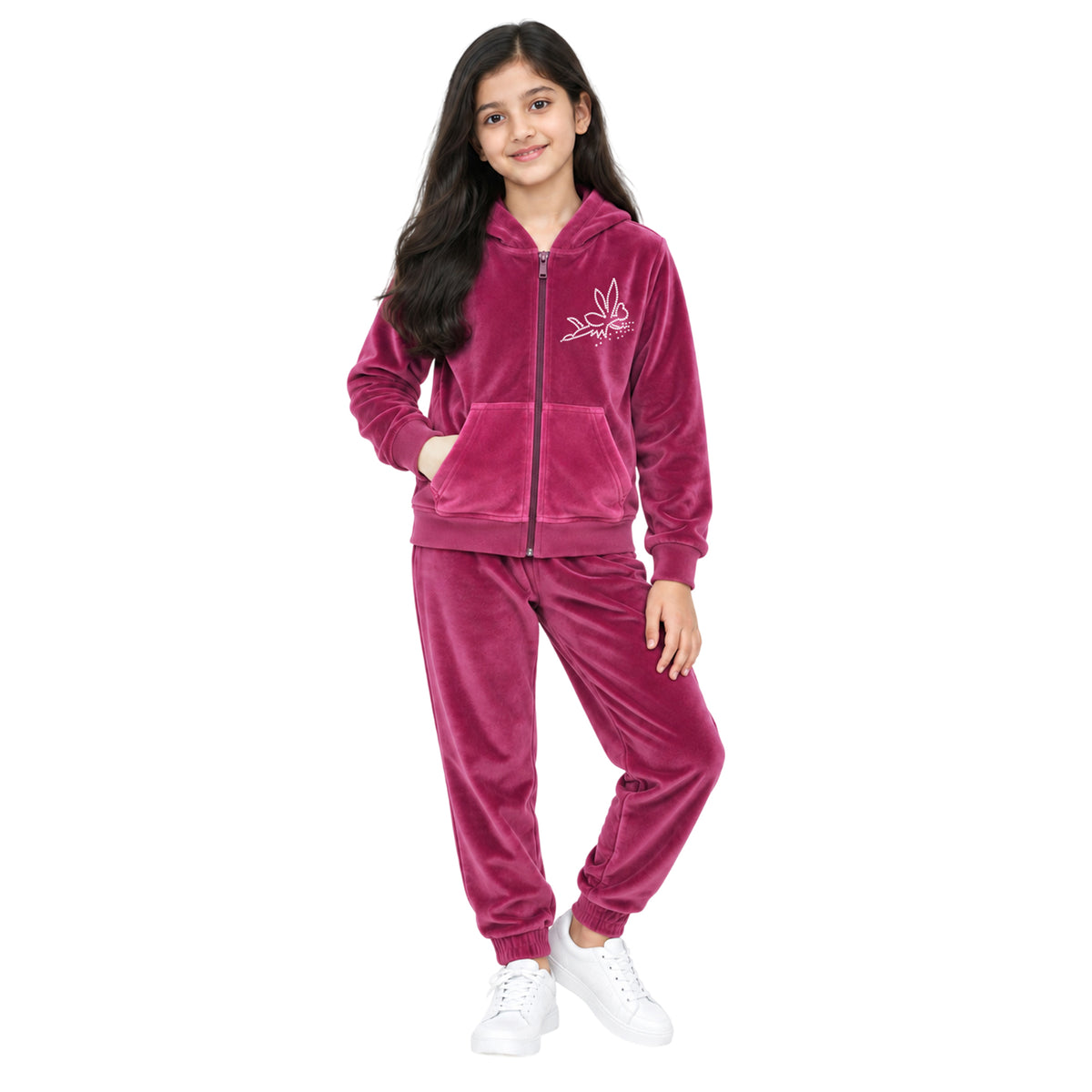 Kuchipoo Girls Velvet Zipper Hooded Sweatshirt & Jogger Set | Soft Velour Zip-Up Hoodie with Kangaroo Pockets & Pajama | Warm Full Sleeve Winterwear