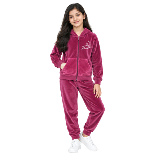 Kuchipoo Girls Velvet Zipper Hooded Sweatshirt & Jogger Set | Soft Velour Zip-Up Hoodie with Kangaroo Pockets & Pajama | Warm Full Sleeve Winterwear