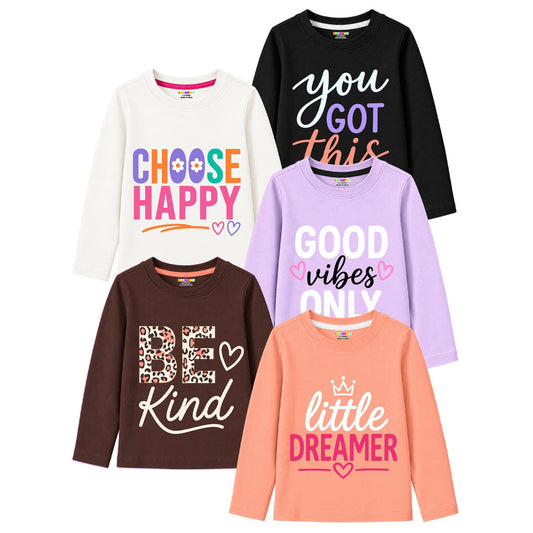 Kuchipoo Girls Cotton Printed T-Shirts | Full Sleeve Round Neck | Soft & Comfortable Casual Wear for Kids | Pack of 5