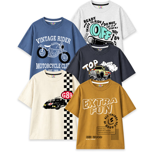 Kuchipoo Boys Cotton Printed T-Shirts | Half Sleeve Round Neck | Soft & Comfortable Casual Wear for Kids | Pack of 5
