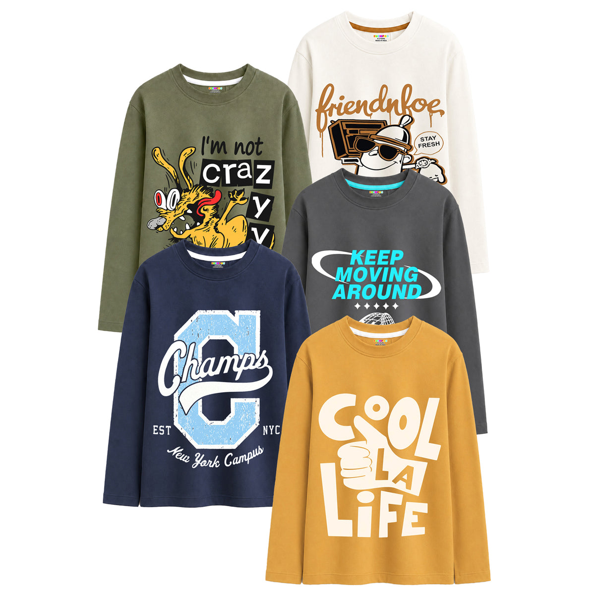 Kuchipoo Boys Cotton Printed T-Shirts | Full Sleeve Round Neck | Soft & Comfortable Casual Wear for Kids | Pack of 5