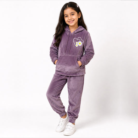 Kuchipoo Girls Velvet Hooded Sweatshirt & Jogger Set | Soft Velour Hoodie with Kangaroo Pocket & Pajama | Warm Full Sleeve Winterwear