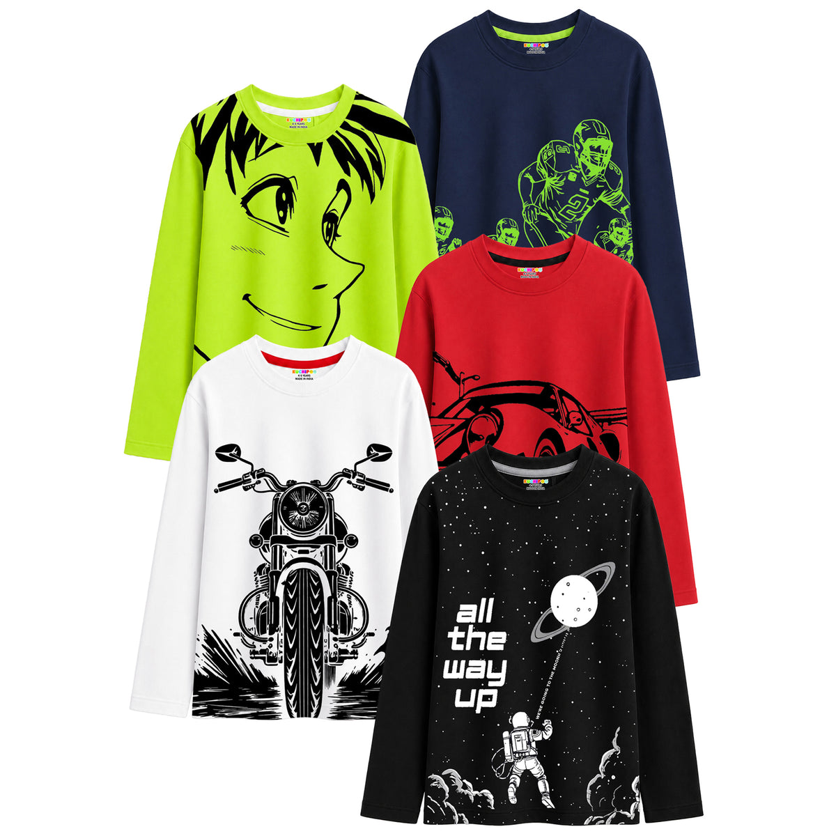 Kuchipoo Boys Cotton Printed T-Shirts | Full Sleeve Round Neck | Soft & Comfortable Casual Wear for Kids | Pack of 5