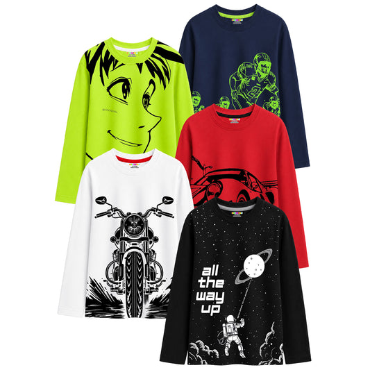 Kuchipoo Boys Cotton Printed T-Shirts | Full Sleeve Round Neck | Soft & Comfortable Casual Wear for Kids | Pack of 5