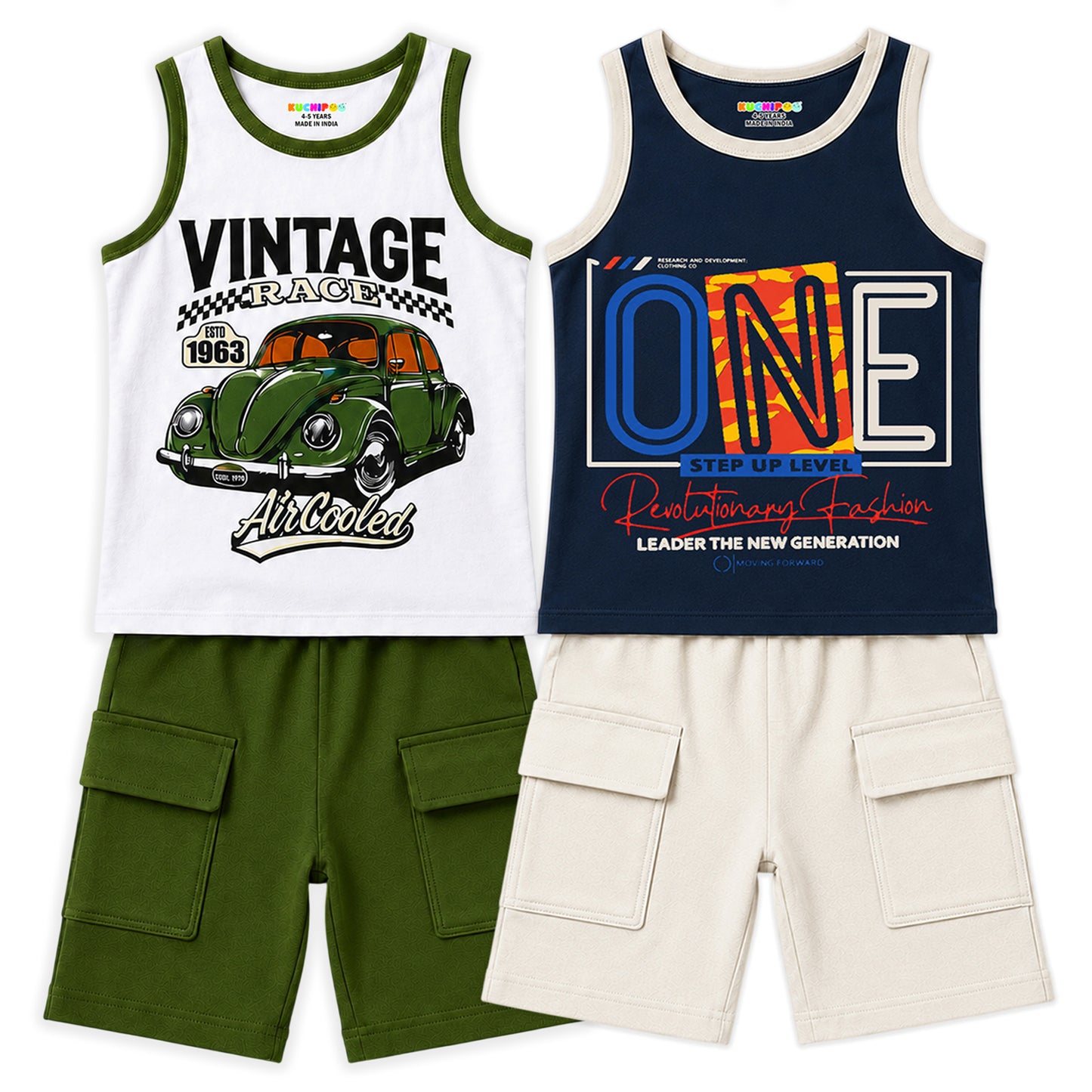 Kuchipoo Boys Cotton Sleeveless T-Shirt & Cargo Shorts Set | Trendy Graphic Print Summer Wear | Soft & Breathable Kids Clothing Combo with Cargo Pockets | Pack of 2