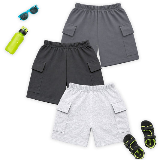 Kuchipoo Boys Cotton Cargo Shorts | Elastic Waistband | Double Pocket Shorts | Summer Casual Wear for Kids | Pack of 3