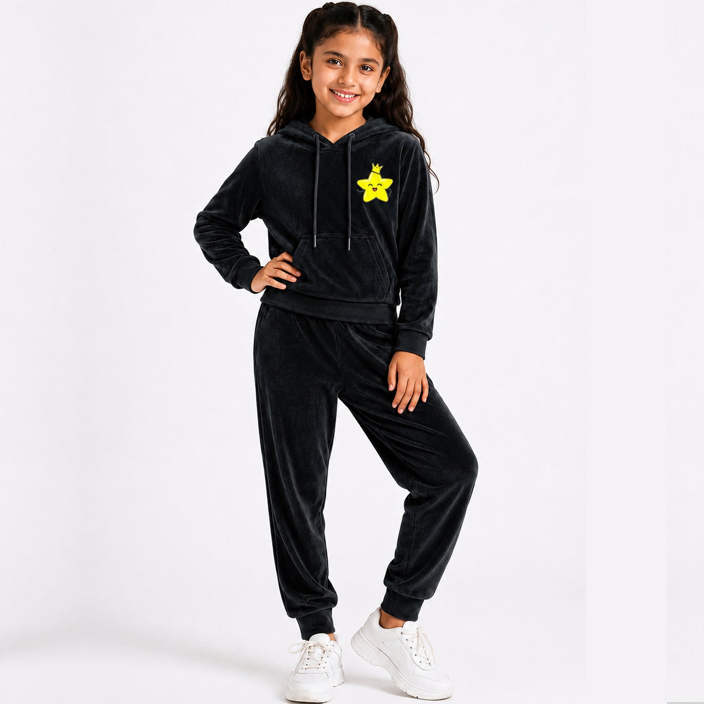 Kuchipoo Girls Velvet Hooded Sweatshirt & Jogger Set | Soft Velour Hoodie with Kangaroo Pocket & Pajama | Warm Full Sleeve Winterwear