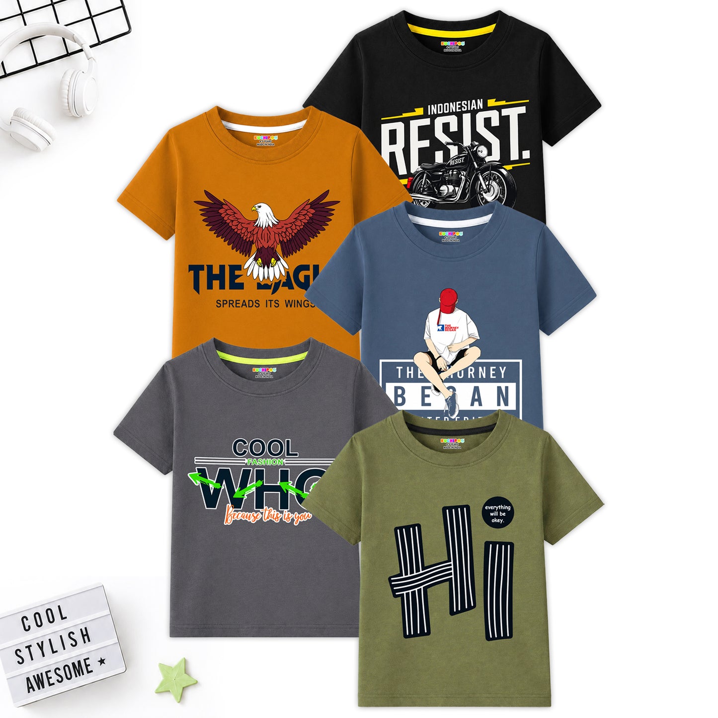 Kuchipoo Boys Cotton Printed T-Shirts | Half Sleeve Round Neck | Soft & Comfortable Casual Wear for Kids | Pack of 5