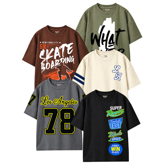 Kuchipoo Boys Cotton Printed T-Shirts | Half Sleeve Round Neck | Soft & Comfortable Casual Wear for Kids | Pack of 5