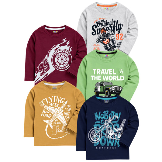 Kuchipoo Boys Cotton Printed T-Shirts | Full Sleeve Round Neck | Soft & Comfortable Casual Wear for Kids | Pack of 5