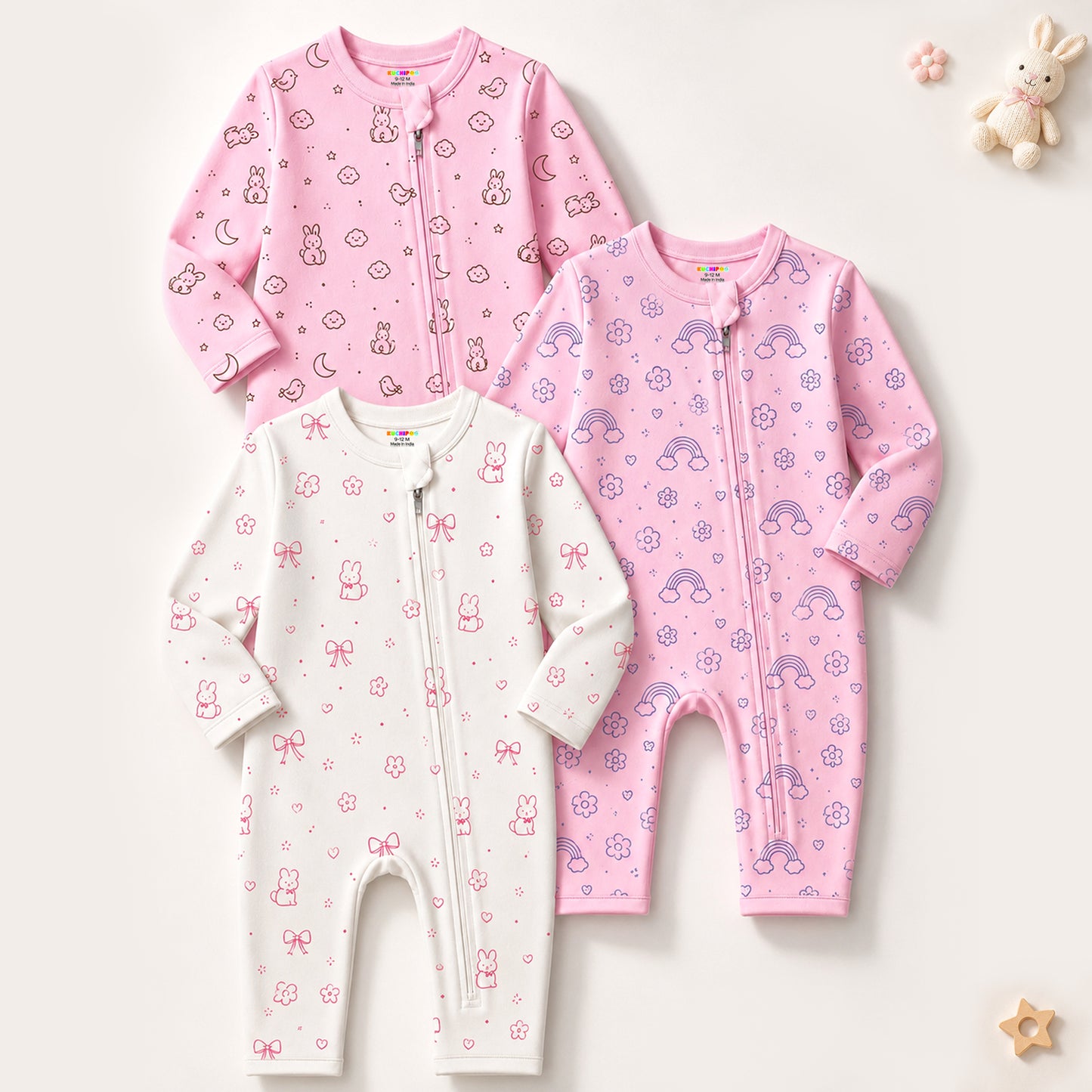 Kuchipoo 100% Cotton Baby Full Bodysuit Romper | Soft & Breathable Infant Clothing | Long Sleeve, Envelope Neck, Zip Closure | Pack of 3