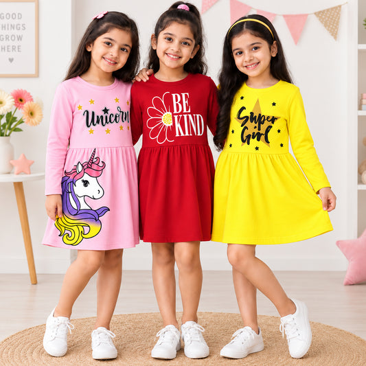 Kuchipoo Girls Cotton Printed Dresses Pack of 3 | Full Sleeve Round Neck Casual Frocks | Soft & Comfortable Everyday Wear for Kids
