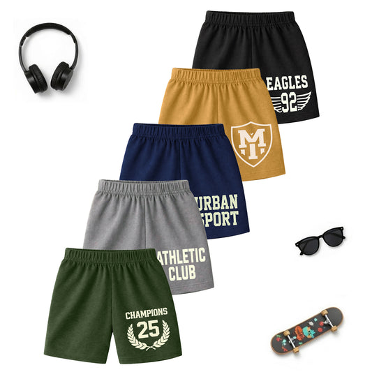Kuchipoo Boys Cotton Printed Shorts | Elastic Waist | Summer Wear Shorts for Kids - Pack of 5