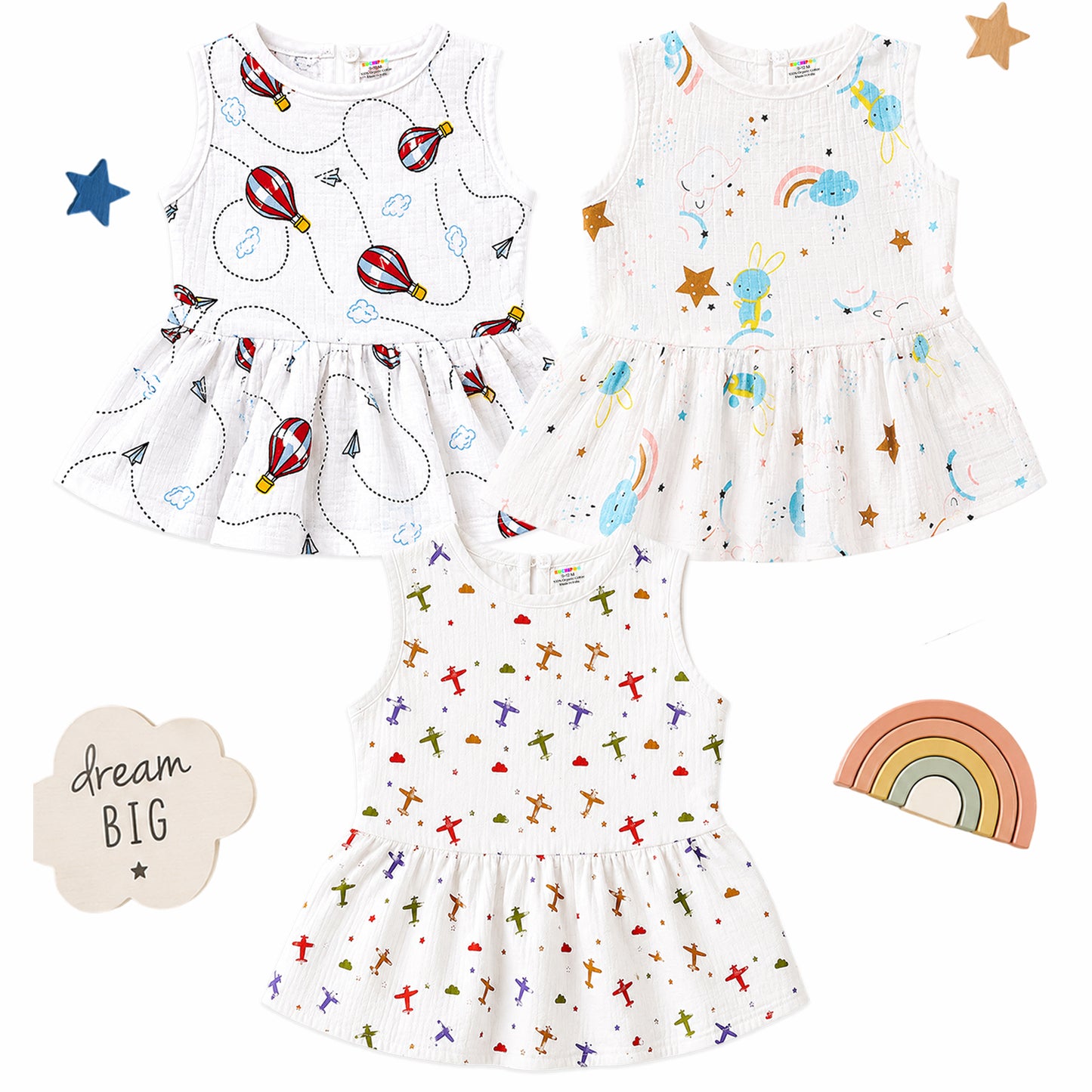 Kuchipoo Baby Girls 100% Muslin Cotton Frocks - Pack of 3