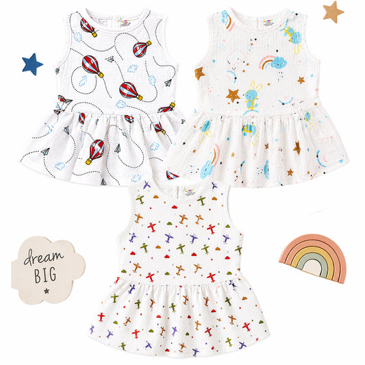 Kuchipoo Baby Girls 100% Muslin Cotton Frocks - Pack of 3