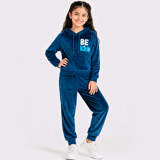 Kuchipoo Girls Velvet Hooded Sweatshirt & Jogger Set | Soft Velour Hoodie with Kangaroo Pocket & Pajama | Warm Full Sleeve Winterwear