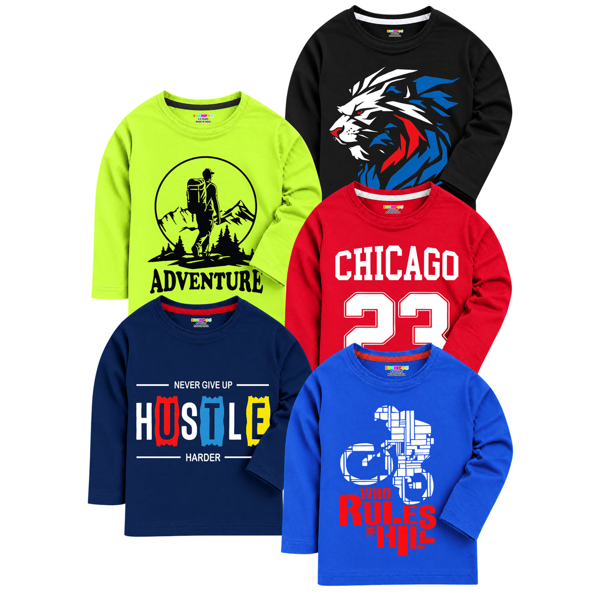 Kuchipoo Boys Cotton Printed T-Shirts | Full Sleeve Round Neck | Soft & Comfortable Casual Wear for Kids | Pack of 5