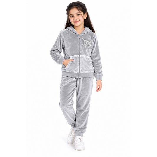Kuchipoo Girls Velvet Zipper Hooded Sweatshirt & Jogger Set | Soft Velour Zip-Up Hoodie with Kangaroo Pockets & Pajama | Warm Full Sleeve Winterwear