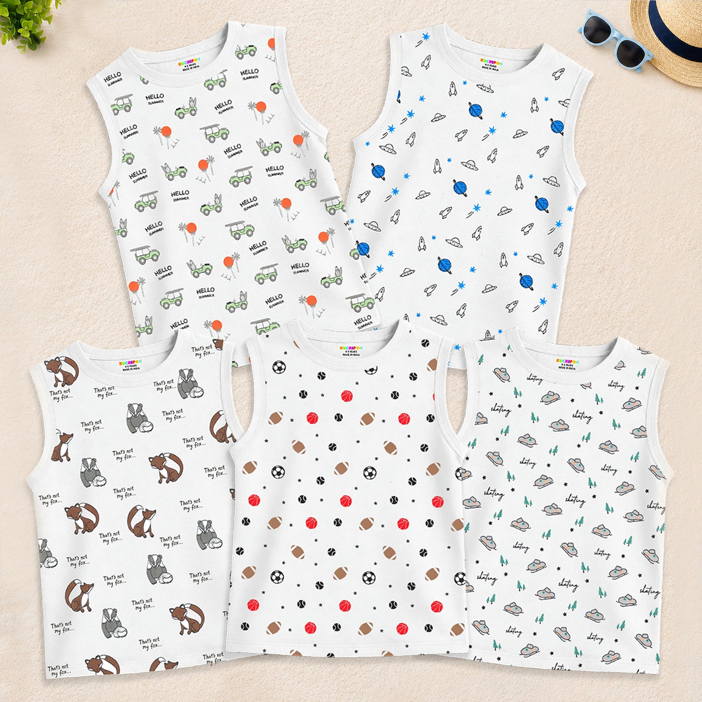 Kuchipoo Boys Sleeveless 100% Cotton T-Shirt | Cute Graphic Print | Soft & Breathable Fabric | Round Neck Summer Top | Casual for Baby Boys and Baby Girls | Pack of 5