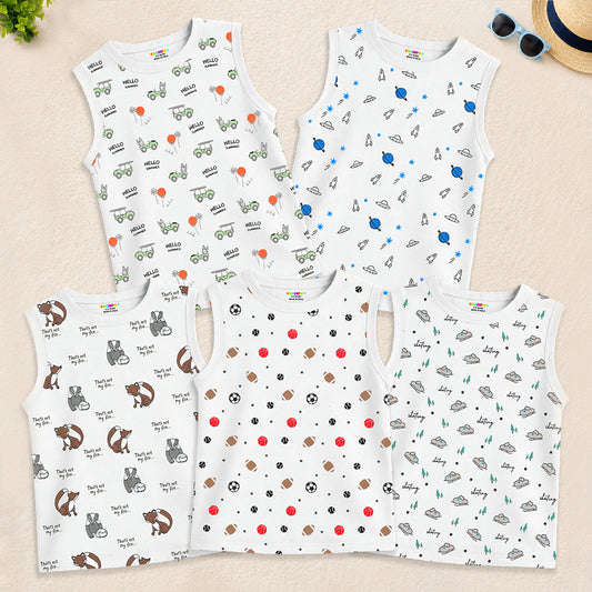 Kuchipoo Boys Sleeveless 100% Cotton T-Shirt | Cute Graphic Print | Soft & Breathable Fabric | Round Neck Summer Top | Casual for Baby Boys and Baby Girls | Pack of 5
