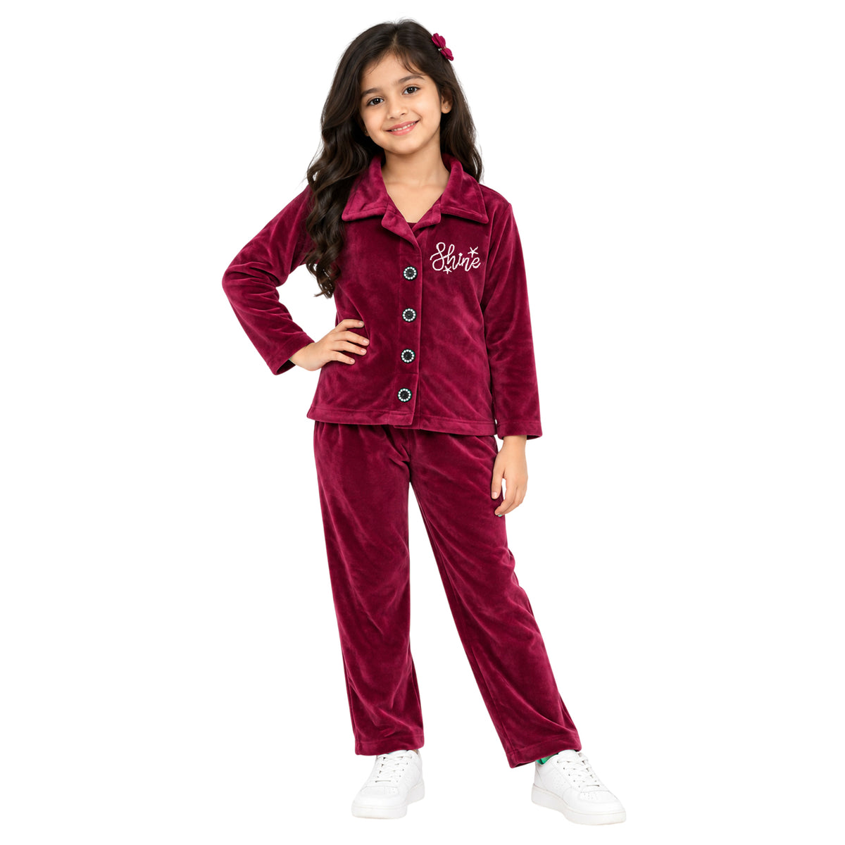 Kuchipoo Girls Velvet Co-Ord Set | Full Sleeve Button Style Round Neck Top with Matching Track Pants | Soft & Comfortable Winter Outfit Set for Kids