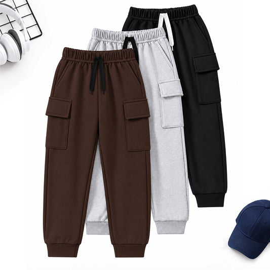 Kuchipoo Boys 4 Pocket Cargo Jogger Pants | Regular Fit Track Pants with Utility Pockets | Soft & Comfortable Casual Wear | Pack of 3