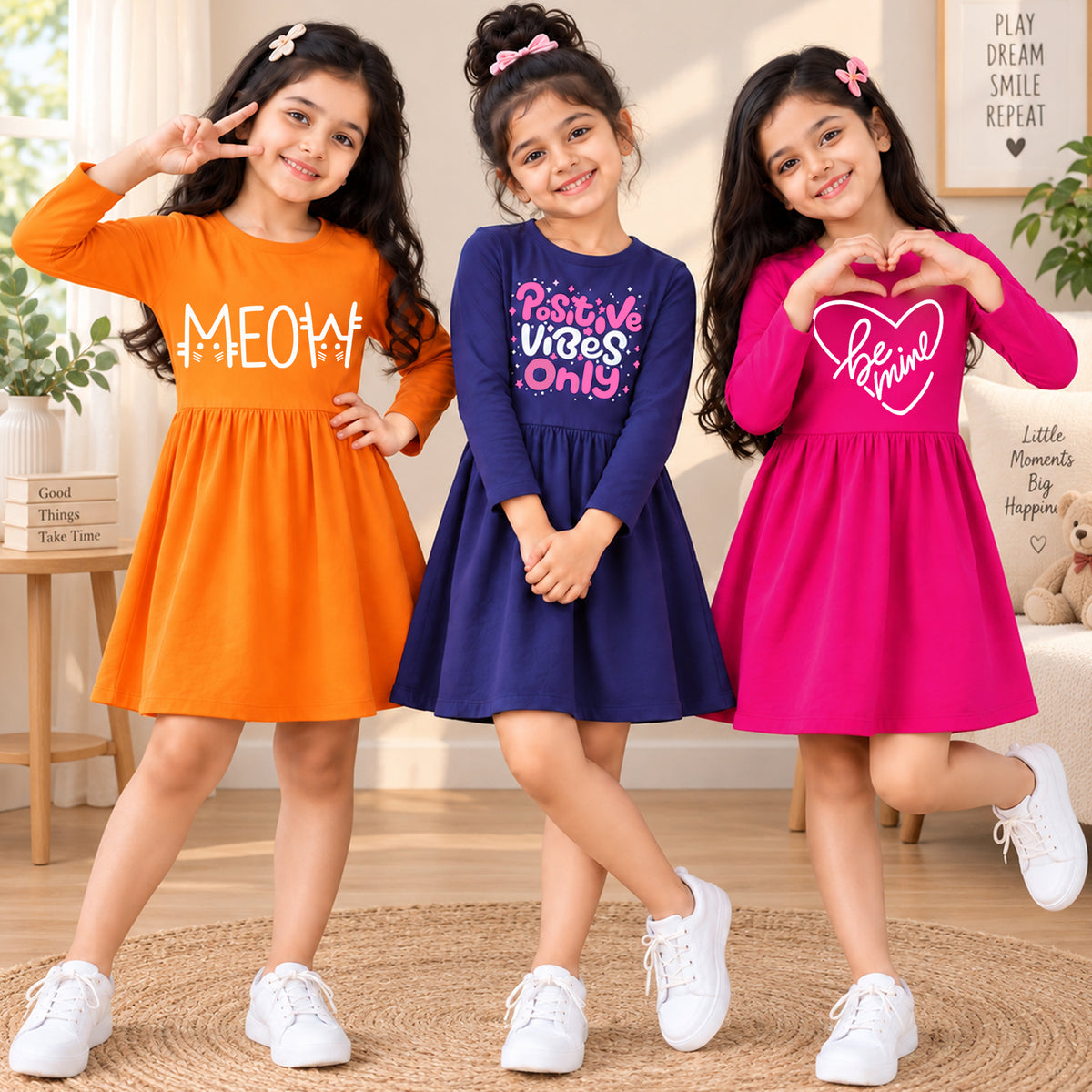 Kuchipoo Girls Cotton Printed Dresses Pack of 3 | Full Sleeve Round Neck Casual Frocks | Soft & Comfortable Everyday Wear for Kids (Copy) (Copy)