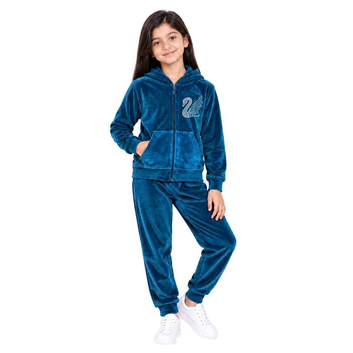Kuchipoo Girls Velvet Zipper Hooded Sweatshirt & Jogger Set | Soft Velour Zip-Up Hoodie with Kangaroo Pockets & Pajama | Warm Full Sleeve Winterwear (Copy)
