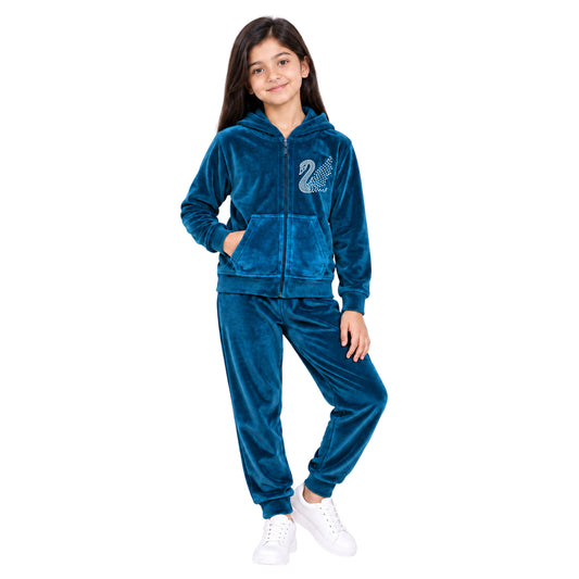 Kuchipoo Girls Velvet Zipper Hooded Sweatshirt & Jogger Set | Soft Velour Zip-Up Hoodie with Kangaroo Pockets & Pajama | Warm Full Sleeve Winterwear (Copy)