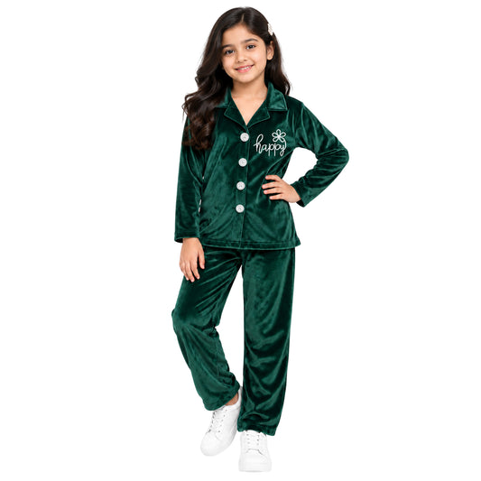 Kuchipoo Girls Velvet Co-Ord Set | Full Sleeve Button Style Round Neck Top with Matching Track Pants | Soft & Comfortable Winter Outfit Set for Kids