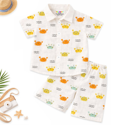 Kuchipoo Boys 100% Muslin Organic Cotton Co-Ord Set | Printed Half Sleeve Shirt & Shorts | Soft Breathable Fabric | Casual Summer Wear | Boys Stylish Outfit