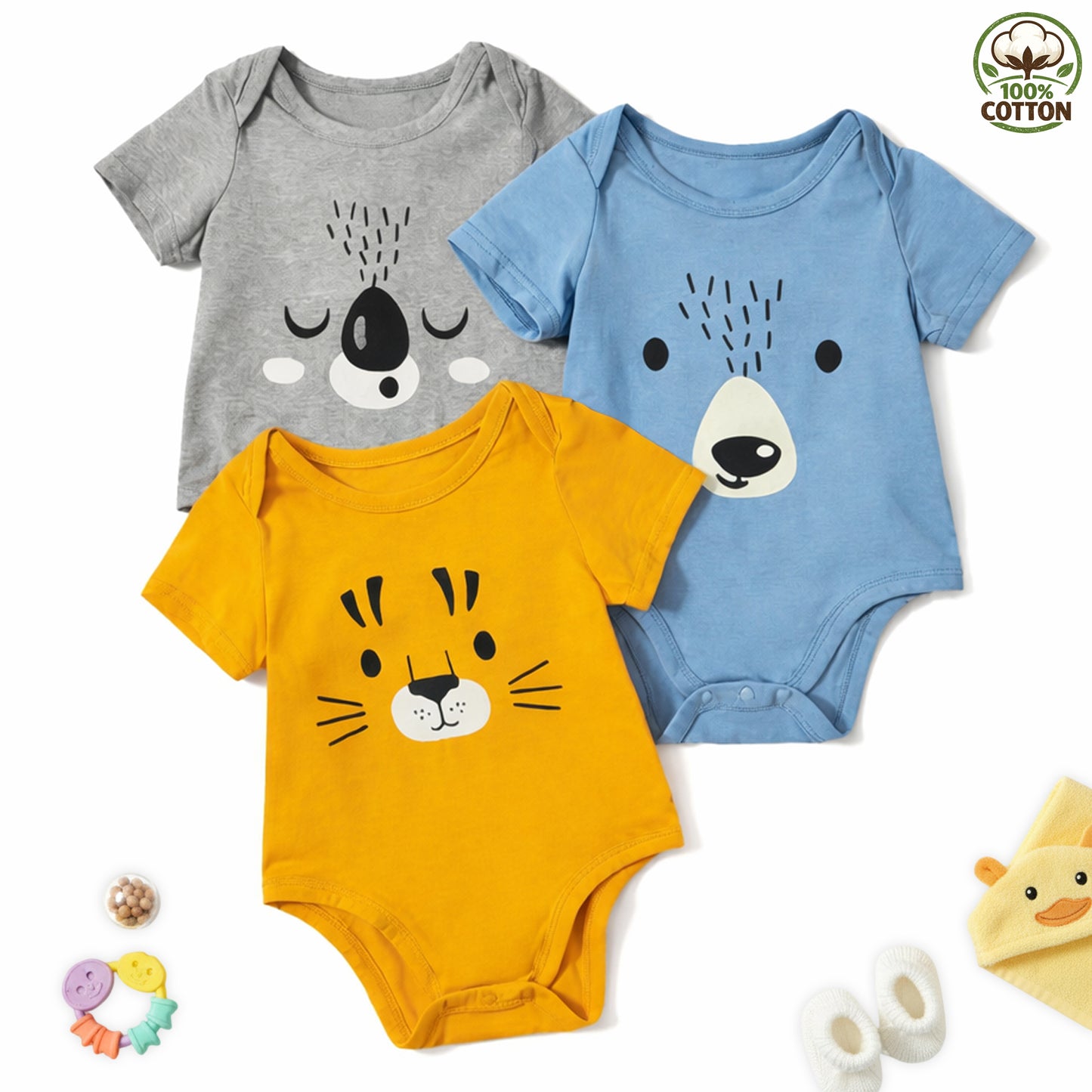 Kuchipoo 100% Cotton Baby Bodysuit Romper | Soft & Breathable Infant Clothing | Short Sleeve, Envelope Neck, Snap Button Closure | Pack of 3