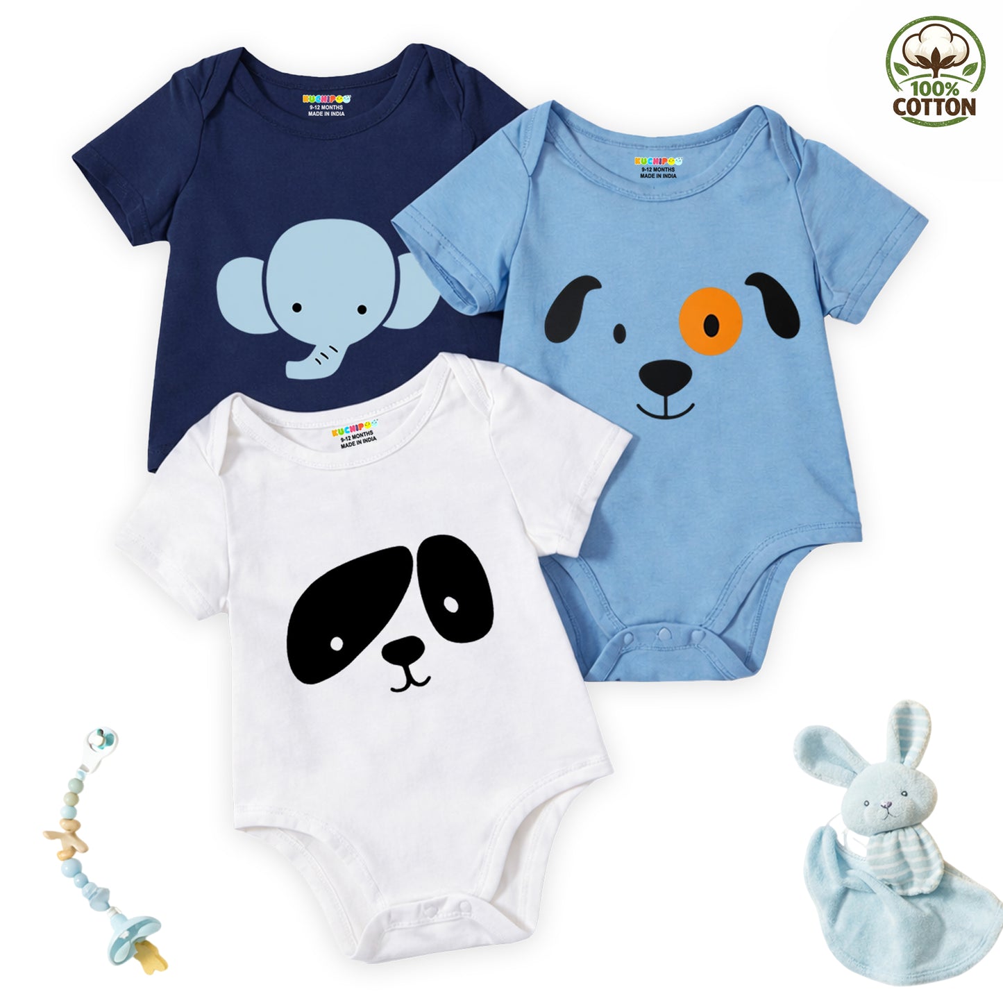Kuchipoo 100% Cotton Baby Bodysuit Romper | Soft & Breathable Infant Clothing | Short Sleeve, Envelope Neck, Snap Button Closure | Pack of 3