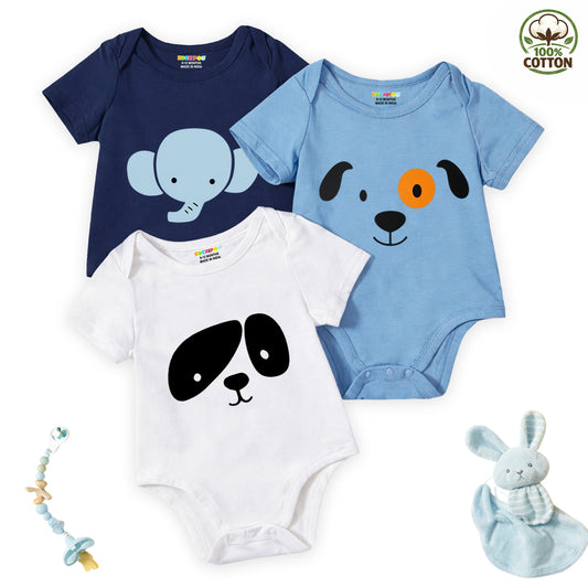 Kuchipoo 100% Cotton Baby Bodysuit Romper | Soft & Breathable Infant Clothing | Short Sleeve, Envelope Neck, Snap Button Closure | Pack of 3