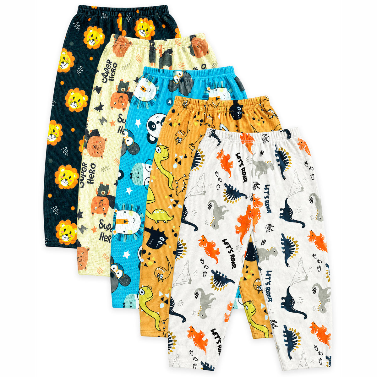 Kuchipoo Boys & Girls Printed Pajama Pack of 5 | Soft & Comfortable Full Length Pyjamas | Cozy Casual Bottom Wear for Light Winters