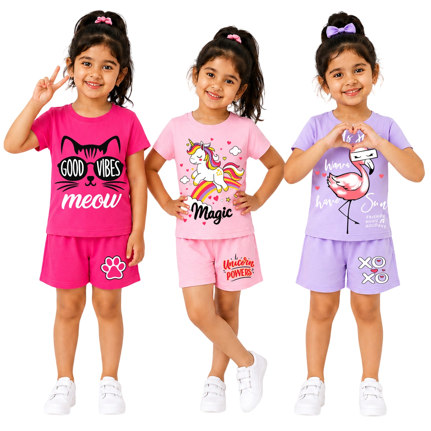 Kuchipoo Girls Cotton T-Shirt & Shorts | Printed Summer Wear Set | Soft & Comfortable Kids Clothing | Pack of 3