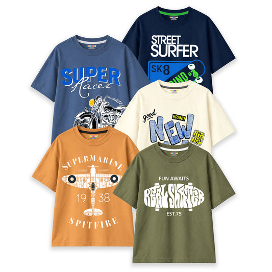 Kuchipoo Boys Cotton Printed T-Shirts | Half Sleeve Round Neck | Soft & Comfortable Casual Wear for Kids | Pack of 5