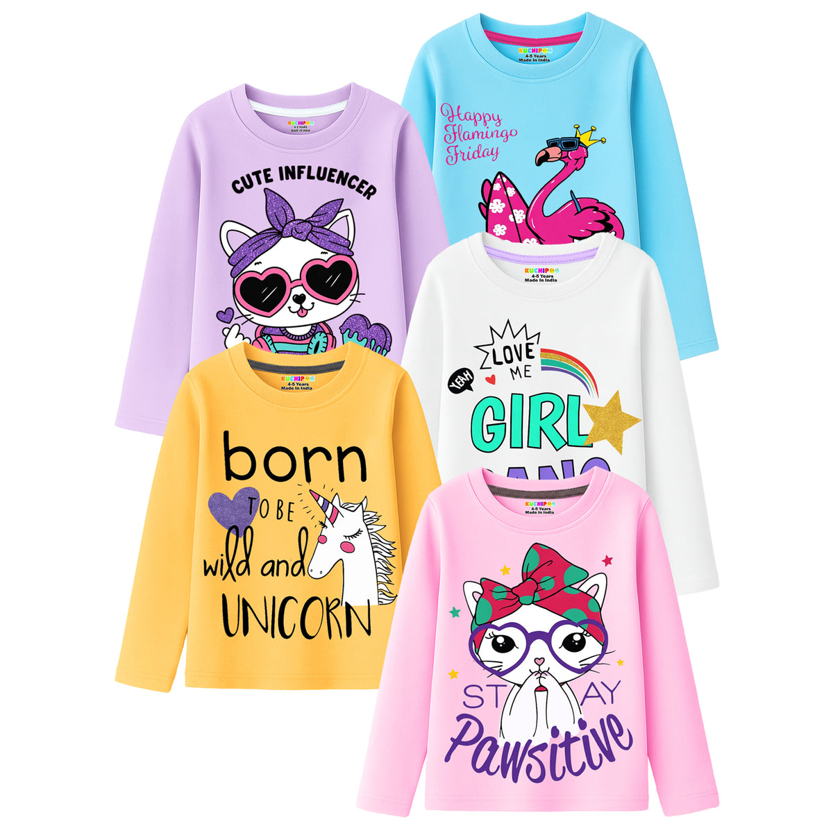 Kuchipoo Girls Cotton Printed T-Shirts | Full Sleeve Round Neck | Soft & Comfortable Casual Wear for Kids | Pack of 5