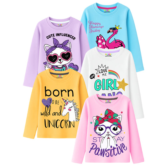 Kuchipoo Girls Cotton Printed T-Shirts | Full Sleeve Round Neck | Soft & Comfortable Casual Wear for Kids | Pack of 5