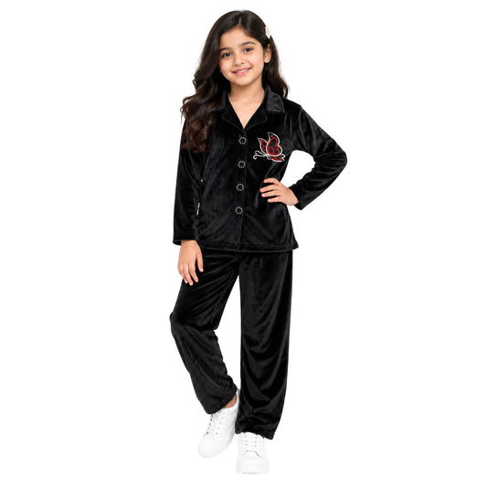 Kuchipoo Girls Velvet Co-Ord Set | Full Sleeve Button Style Round Neck Top with Matching Track Pants | Soft & Comfortable Winter Outfit Set for Kids