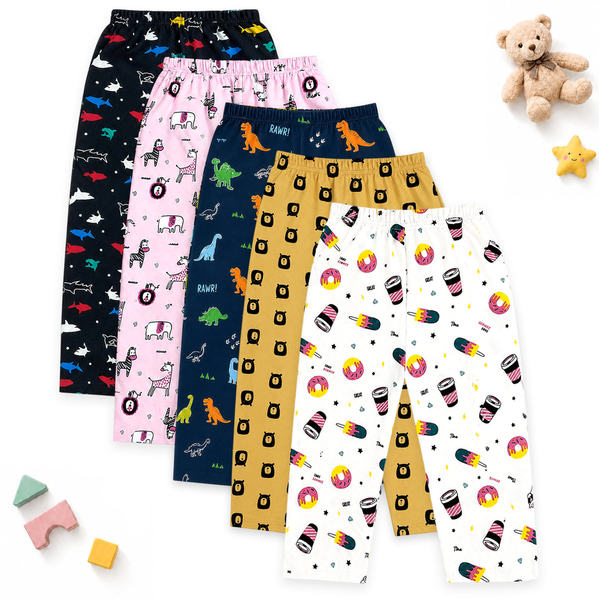 Kuchipoo Boys and Girls 100% Cotton Pajamas Combo | Soft Elastic Waist | Cute Animal Prints | Everyday Wear | Pack of 5